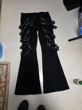 Dolls Kill- Widow- Black Flared Grommet Bondage Strap Pants- Sz L- NWT